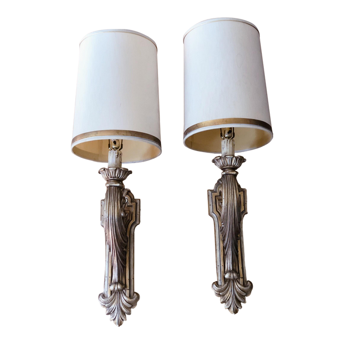 1960s Pair of Extra Large Gold Gilded Plaster Wall Sconces With Scroll Motifs