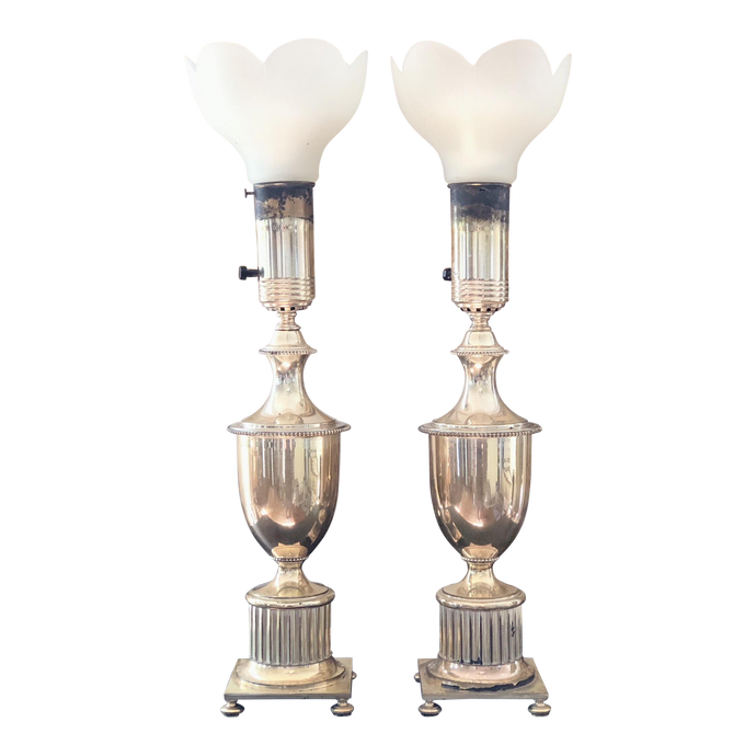 Pair of Silver Plate 1940s Torchiere Style Table Lamps With Frosted Glass Shades